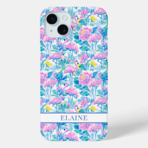 Watercolor Pink Flamingos Monogrammed iPhone 15 Mini Case