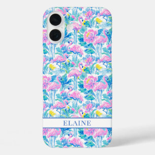 Watercolor Pink Flamingos Monogrammed iPhone 16 Plus Case