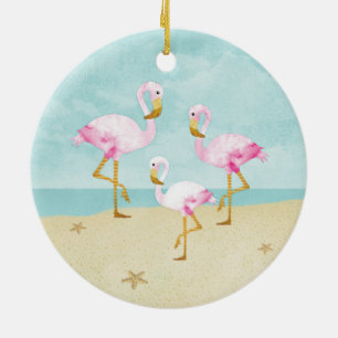 Watercolor Pink Flamingos on the Beach Ceramic Tree Decoration