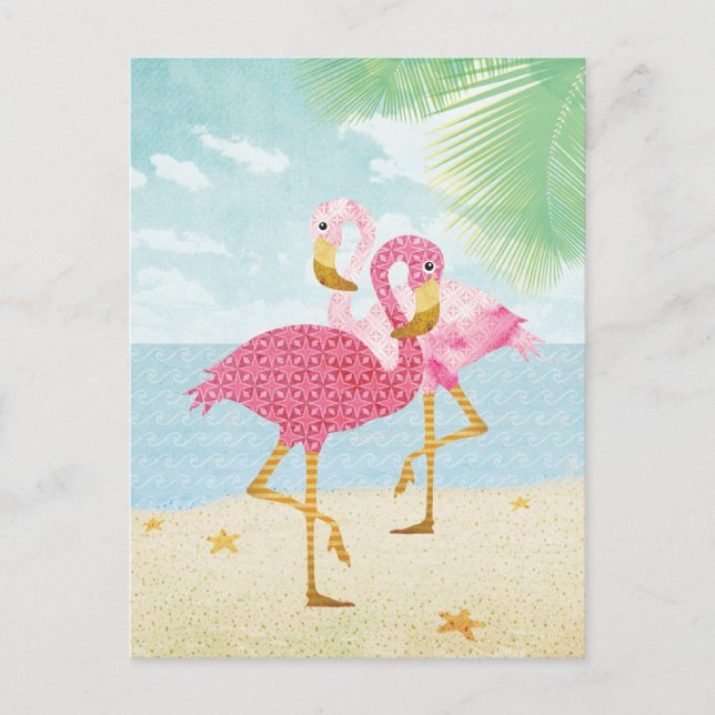 Watercolor Pink Flamingos on the Beach Postcard (Front)