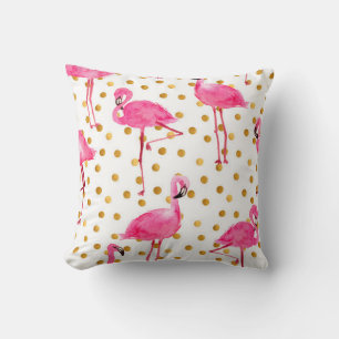 Watercolor pink flamingos with golden dots seamles cushion