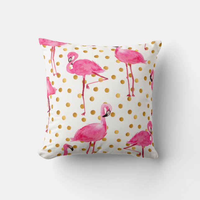 Watercolor pink flamingos with golden dots seamles cushion (Front)