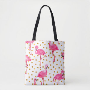 Watercolor pink flamingos with golden dots seamles tote bag