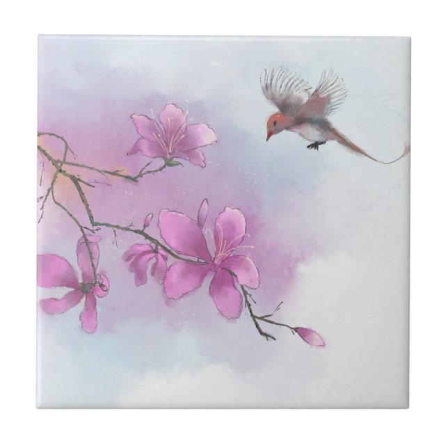 Watercolor Pink Flora & Fauna Art Garden Scenes Tile (Front)