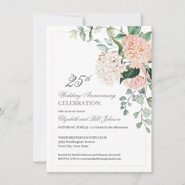 Watercolor Pink Floral 25th Wedding Anniversary Invitation (Front)