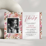 Watercolor Pink Floral 30th Birthday Party Invitation<br><div class="desc">Cherish the milestone of completing three decades with our elegant 30th birthday party invitation. Showcasing a rustic pink watercolor floral backdrop, a personal picture of the birthday girl, and a special 30th celebration template that is a breeze to customise. Perfect for those who appreciate grandeur and simplicity all in one....</div>