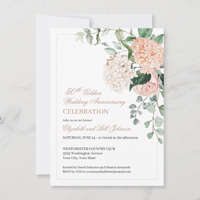 Watercolor Pink Floral 50th Wedding Anniversary  Invitation (Front)