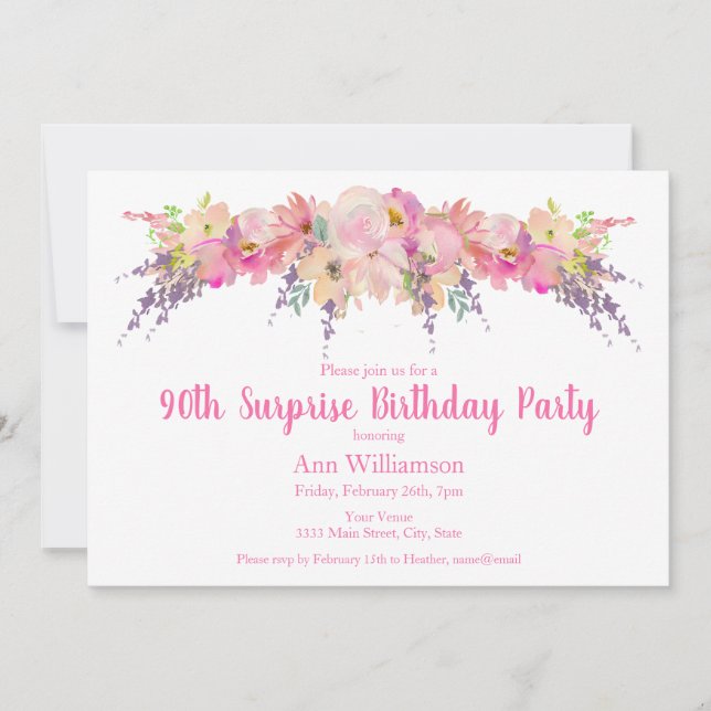 Watercolor Pink Floral 90th Surprise Birthday Invitation (Front)