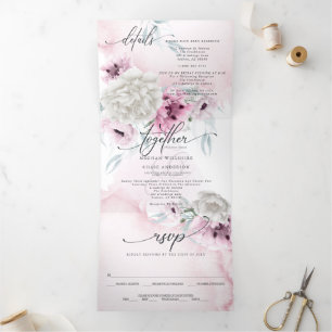 Watercolor Pink Floral ALL IN ONE WEDDING Tri-Fold Invitation