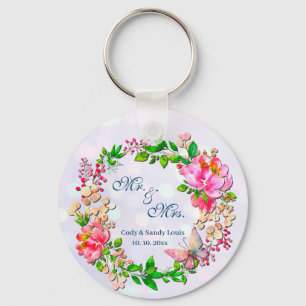 Watercolor Pink Floral and Butterfly Spring Throw  Key Ring