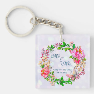 Watercolor Pink Floral and Butterfly Spring Throw  Key Ring