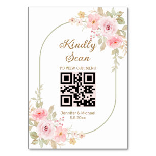 watercolor pink floral arch qr code wedding menu table number