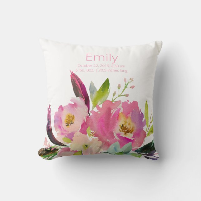 Watercolor Pink Floral Baby Girl Stats Nursery Cushion (Front)