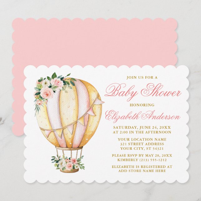 Watercolor Pink Floral Baby Shower Air Balloon Invitation (Front/Back)