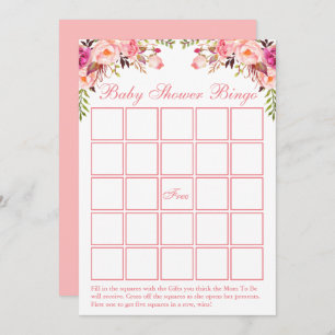 Watercolor Pink Floral Baby Shower Bingo Card