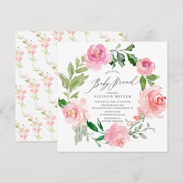 Watercolor Pink Floral Baby Shower Brunch Invitation (Front/Back)