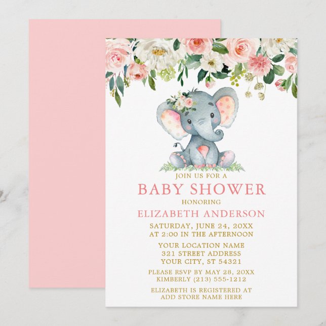 Watercolor Pink Floral Baby Shower Elephant Gold Invitation (Front/Back)