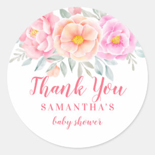 Watercolor Pink Floral Baby Shower Thank You Classic Round Sticker
