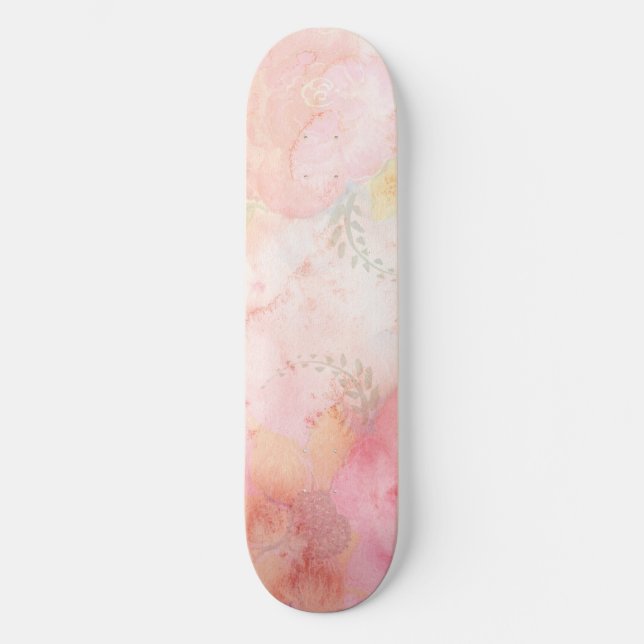 Watercolor Pink Floral Background Skateboard (Front)