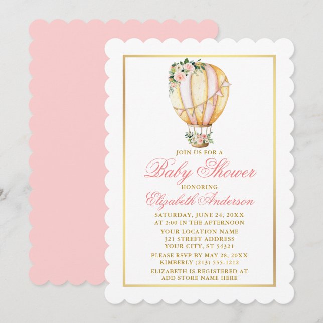 Watercolor Pink Floral Balloon Baby Shower Gold Invitation (Front/Back)