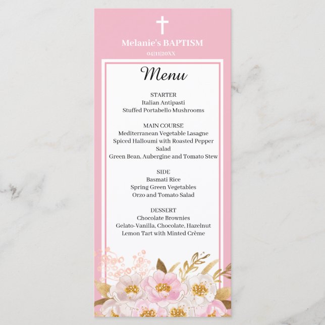 Watercolor Pink floral Baptism Menu Card (Front)