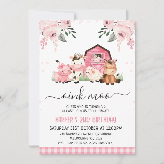 Watercolor Pink Floral Barn Farm Animals Birthday Invitation (Front)