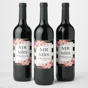 Watercolor Pink Floral Black White Striped Wine Label