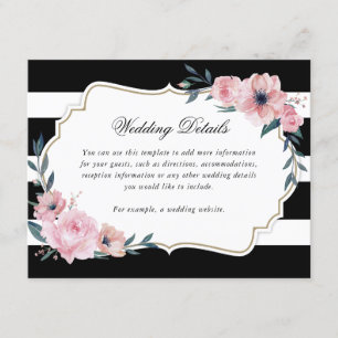 Watercolor Pink Floral Black White Wedding Details Enclosure Card