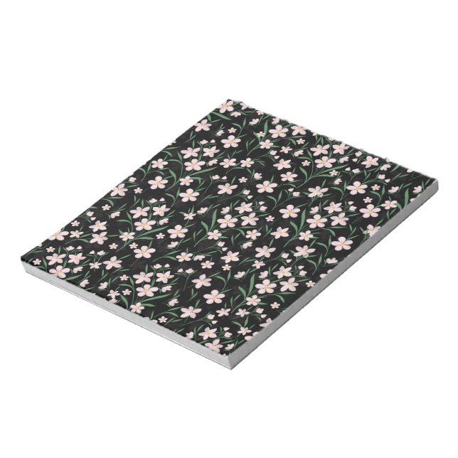 Watercolor Pink Floral Botanical Black Pattern Notepad (Rotated)