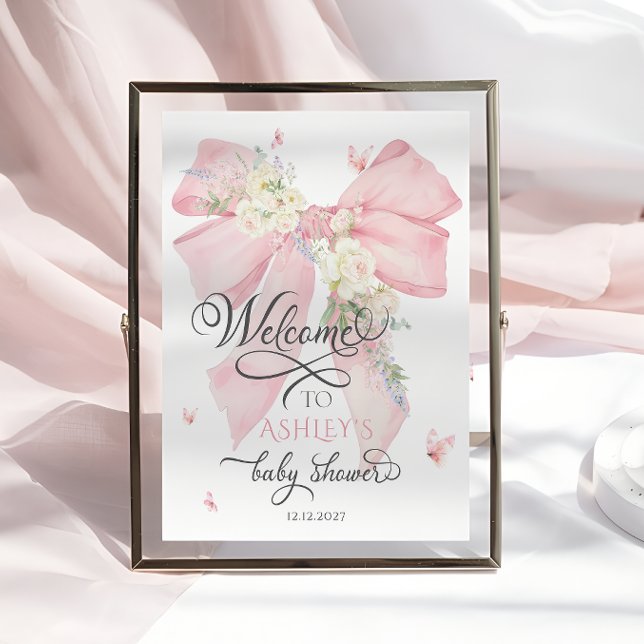 Watercolor Pink Floral Bow Baby Shower Welcome  Poster (Creator Uploaded)