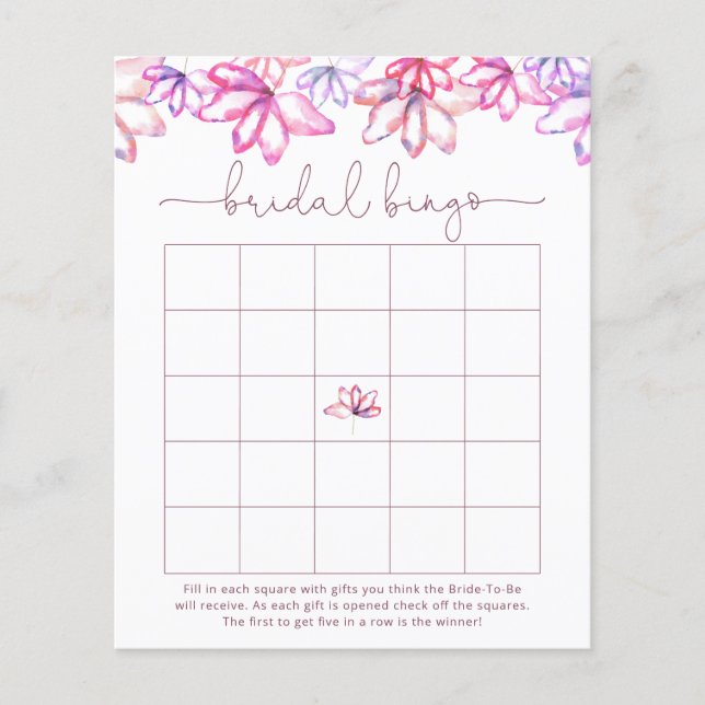 Watercolor Pink Floral Bridal Shower Bingo Game (Front)