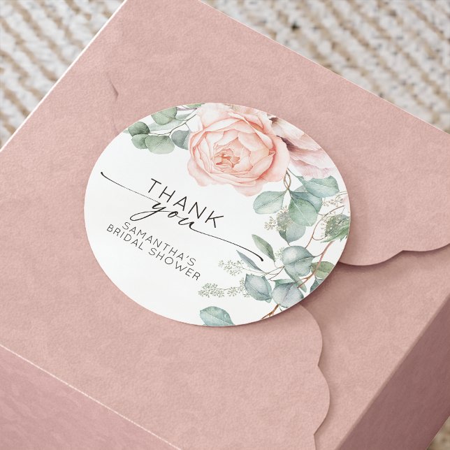 Watercolor Pink Floral Bridal Shower Classic Round Sticker (Creator Uploaded)
