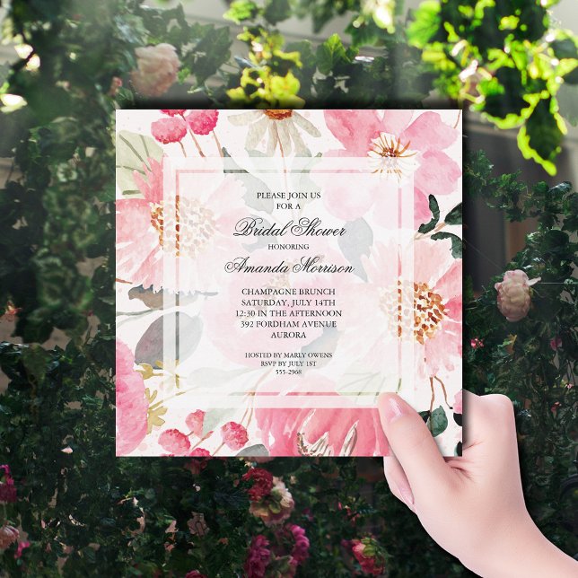 Watercolor Pink Floral Bridal Shower Invitation (Watercolor pink garden flowers bridal shower square invitations)