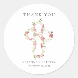 Watercolor Pink Floral Cross Baptism  Classic Roun Round Sticker