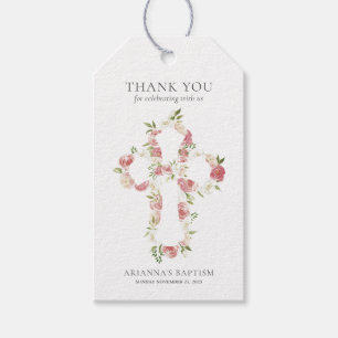 Watercolor Pink Floral Cross Baptism  Gift Tags