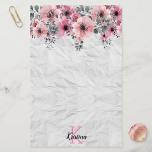 Watercolor Pink Floral Crumpled Texture Monogram Stationery