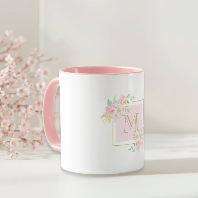 Watercolor Pink Floral Custom Initial Gift Mug (Creator Uploaded)