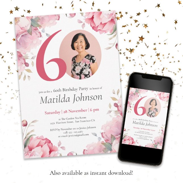 Watercolor Pink Floral Custom Photo 60th Birthday  Invitation (60th Birthday Watercolor Pink Floral Custom Photo Invitation)
