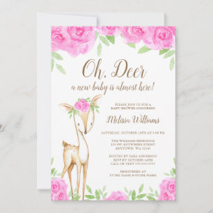 Watercolor Pink Floral Deer Girl Baby Shower Invitation