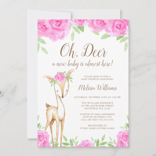 Watercolor Pink Floral Deer Girl Baby Shower Invitation (Front)