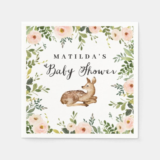 Watercolor pink floral deer woodland baby shower napkin (Front)