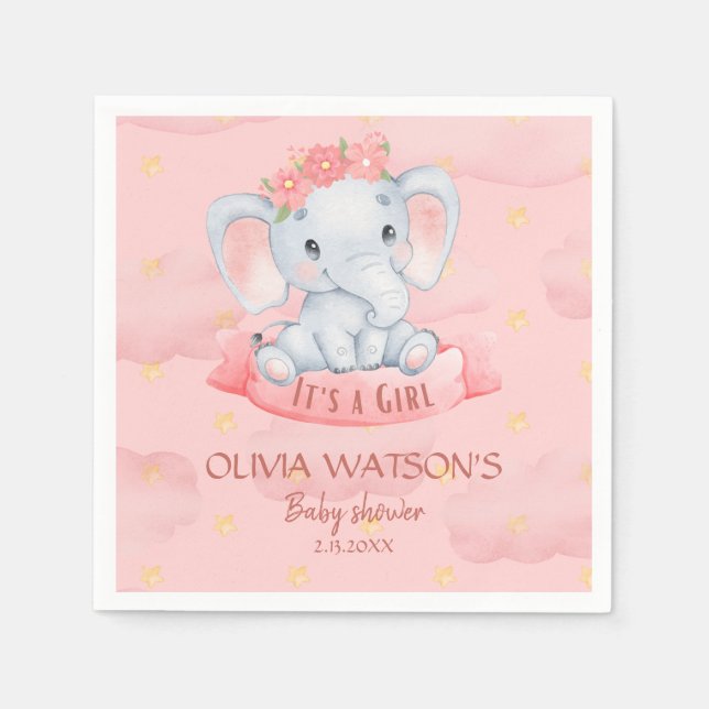Watercolor  Pink floral elephant Girl Baby Shower  Napkin (Front)
