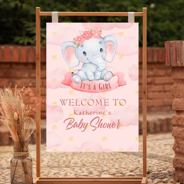 Watercolor  Pink floral elephant Girl Baby Shower  Poster (Creator Uploaded)