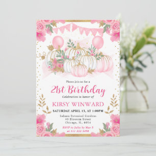 Watercolor Pink Floral Fall Pumpkin Birthday Invitation