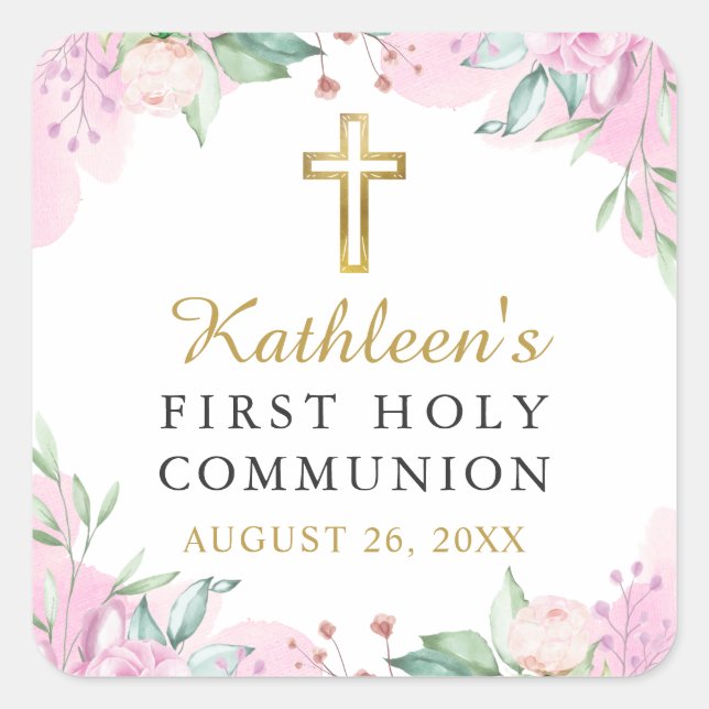 Watercolor Pink Floral First Holy Communion Square Sticker (Front)