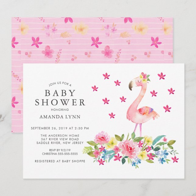 Watercolor Pink Floral Flamingo Baby Girl Shower Invitation (Front/Back)