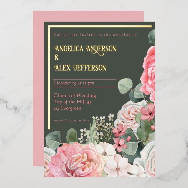 Watercolor Pink floral foil invitation (Front/Back)