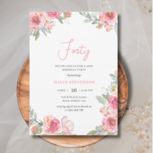 Watercolor Pink Floral Forty Boho Chic Birthday Invitation