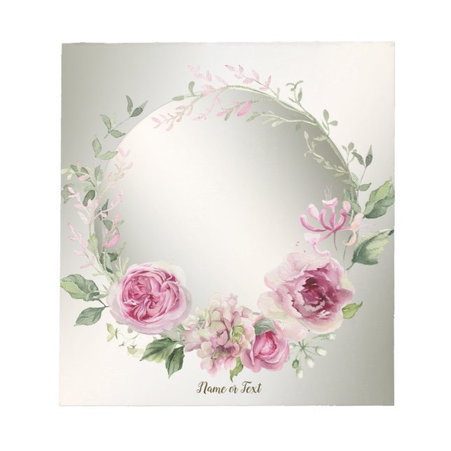 Watercolor Pink Floral Frame Shiny Bronze Elegant Notepad (Front)