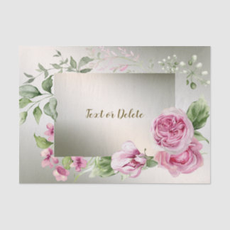 Watercolor Pink Floral Frame Shiny Bronze Elegant Tissue Paper